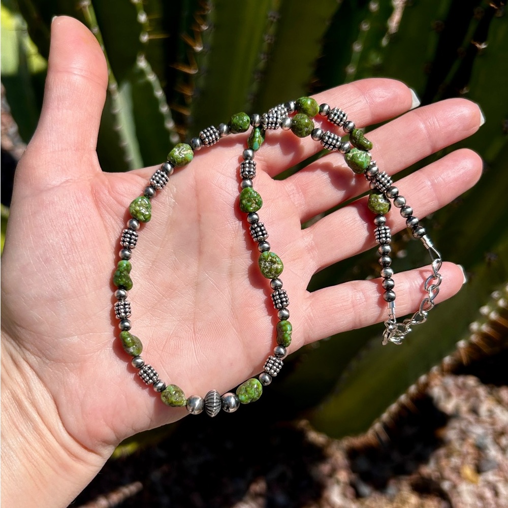 Sonoran Gold Turquoise Sterling Silver Navajo Beaded Necklace Mens/Womens